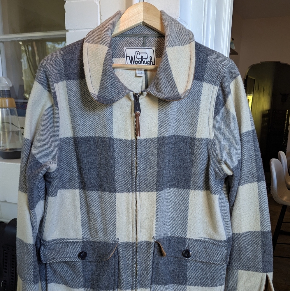 Woolrich Giant Buffalo Women's Plaid Ivory Grey Wool Coat, XL